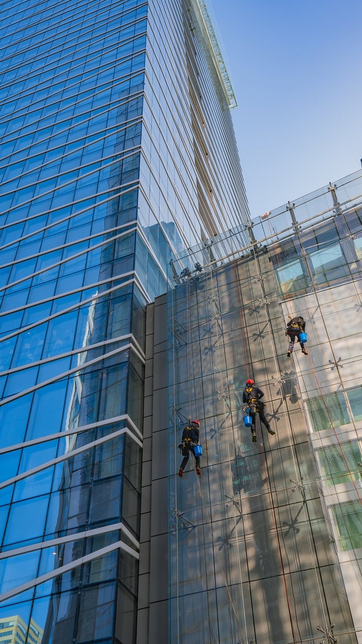 building, window, window cleaner, facade, skyscraper, glass, people, people, people, people, people, people